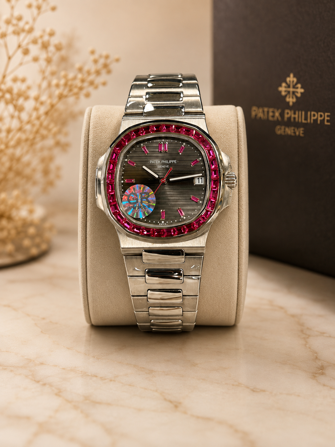 Luxury stainless-steel watch with ruby-colored bezel and dark dial