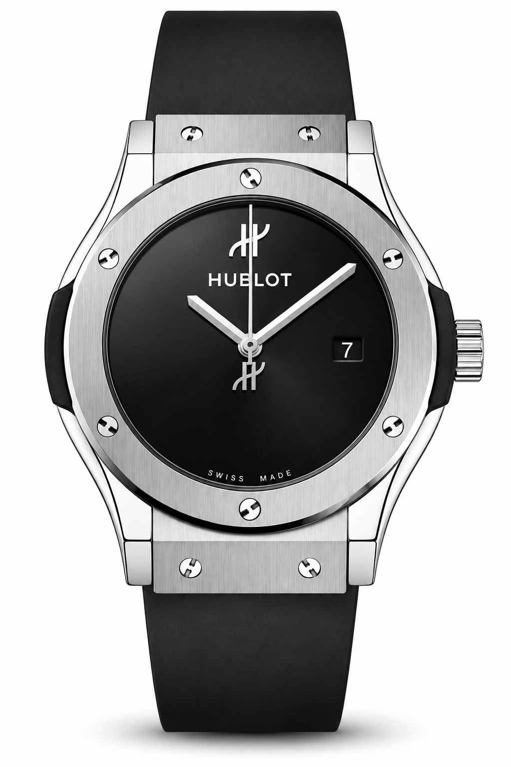 Black dial silver case luxury watch with black rubber strap
