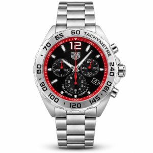 Silver black chronograph sports watch with red accents and stainless steel bracelet