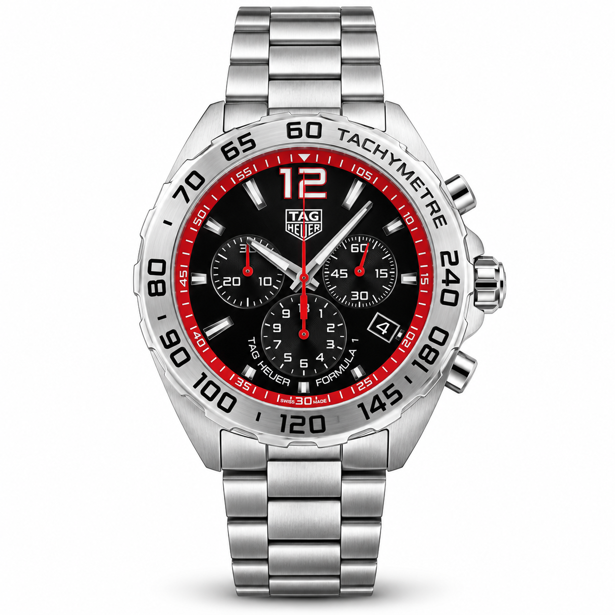 Silver black chronograph sports watch with red accents and stainless steel bracelet