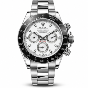 White dial silver chronograph watch with black tachymeter bezel and steel bracelet