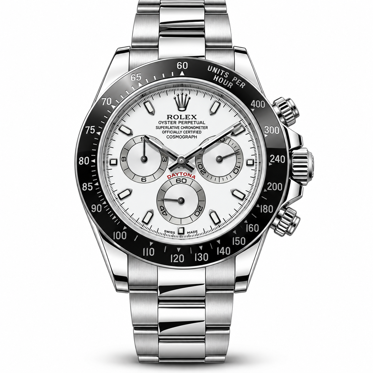 White dial silver chronograph watch with black tachymeter bezel and steel bracelet
