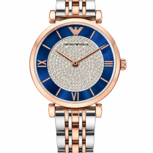 Rose gold blue dial luxury watch with crystal-style dial and two-tone metal bracelet