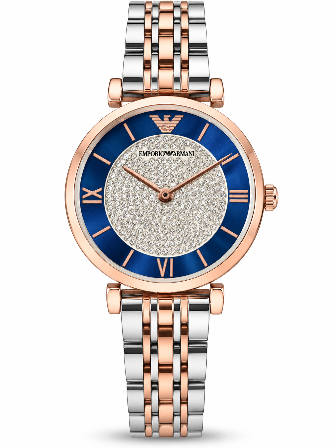 Rose gold blue dial luxury watch with crystal-style dial and two-tone metal bracelet