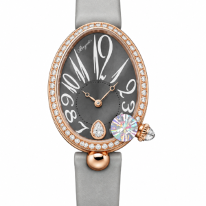 Rose gold oval luxury watch with grey dial crystal-style bezel and grey leather strap