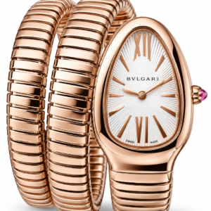 Rose gold Serpenti style luxury watch with oval dial and coiled metal bracelet