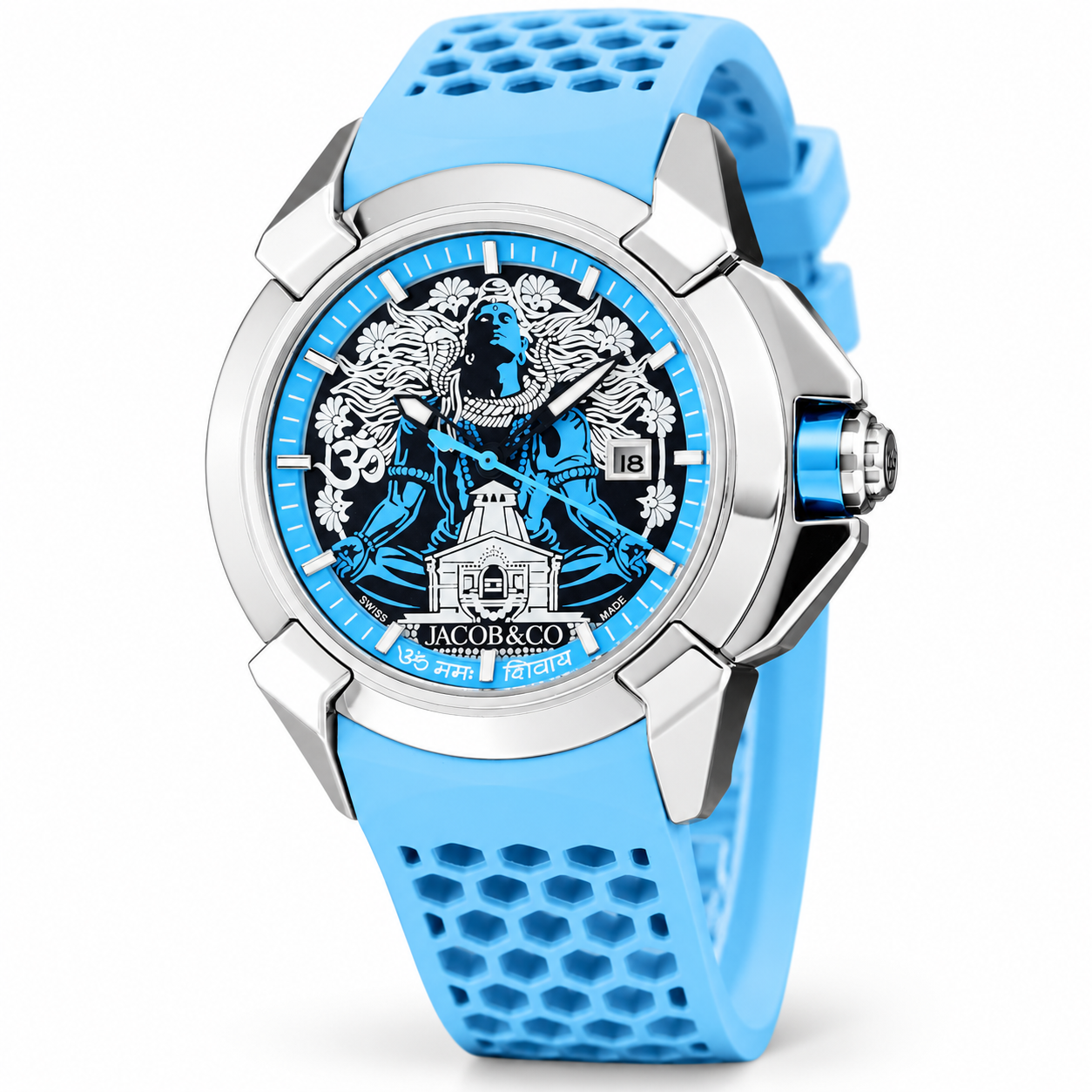 Blue Shiva luxury watch with silver-tone case and blue honeycomb silicone strap