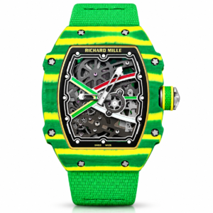 Green and yellow skeleton luxury watch with open-work mechanical dial