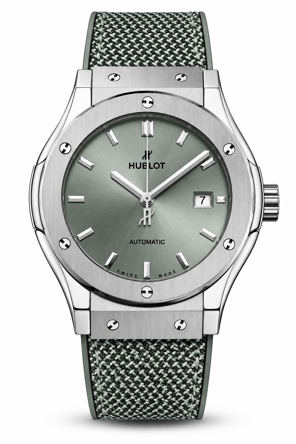 Silver Hublot-style automatic watch with grey woven strap and green-grey dial