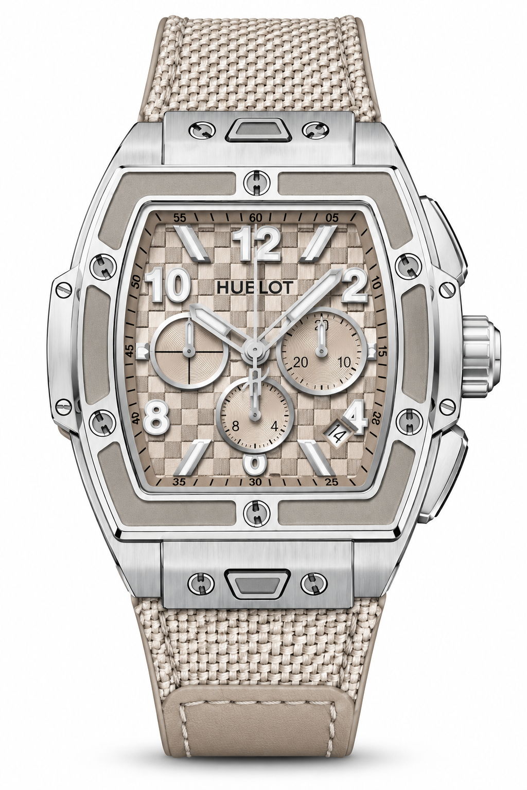 Silver tonneau chronograph watch with beige textured dial and woven strap