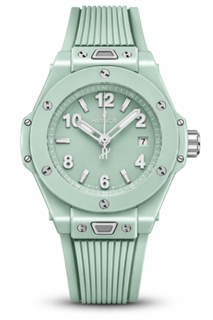 Mint green luxury automatic watch with matching ribbed strap and silver dial