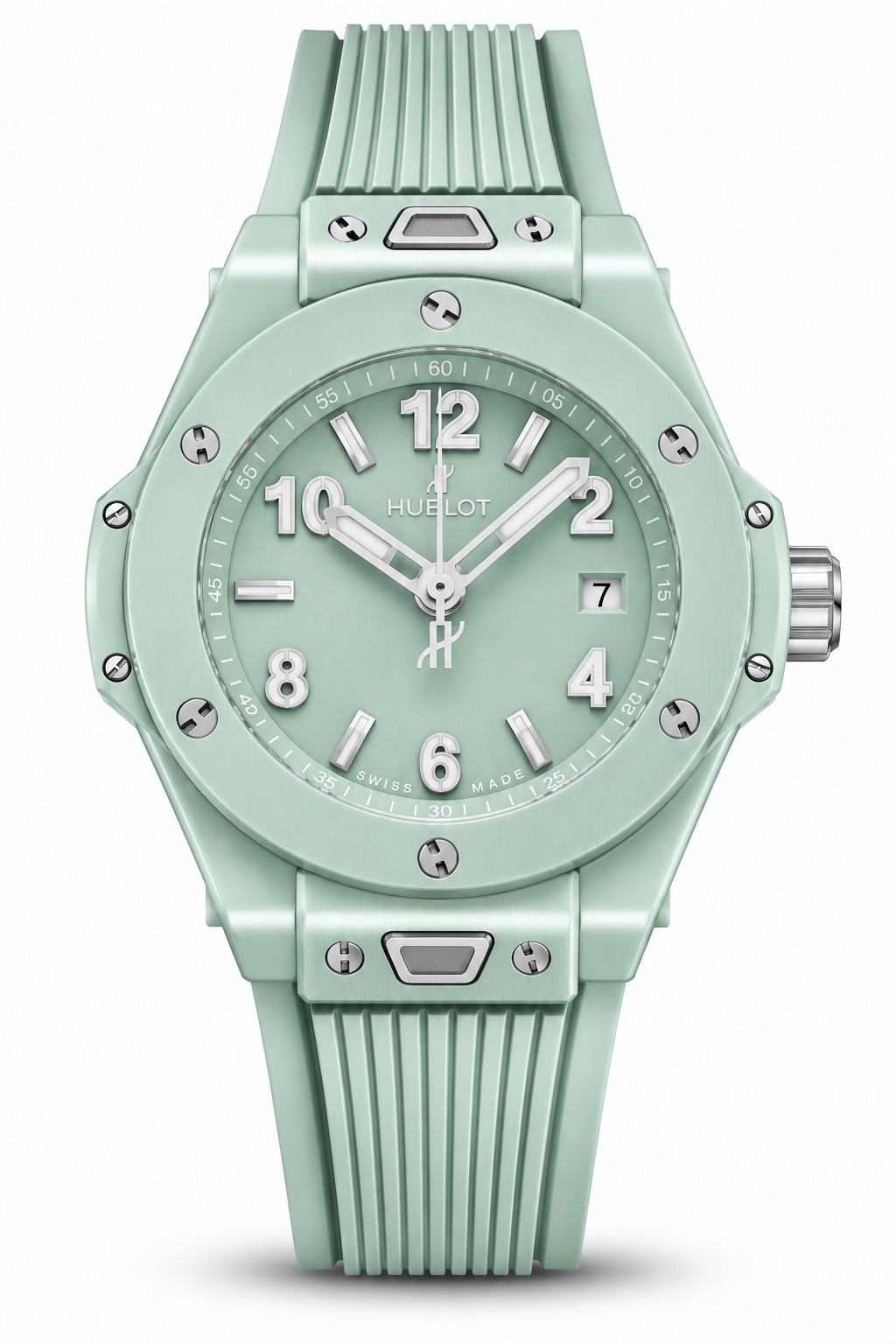 Mint green luxury automatic watch with matching ribbed strap and silver dial