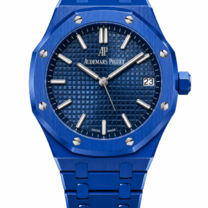 Blue luxury sports watch with textured dial and integrated metal bracelet