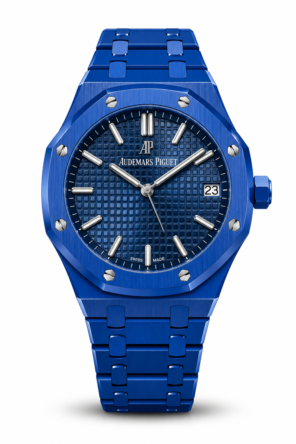 Blue luxury sports watch with textured dial and integrated metal bracelet
