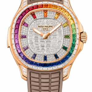 Rose gold rainbow luxury watch with jeweled bezel and brown textured strap