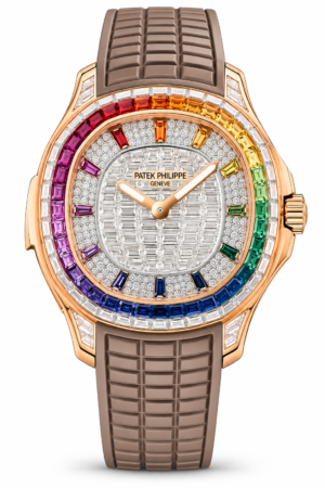 Rose gold rainbow luxury watch with jeweled bezel and brown textured strap