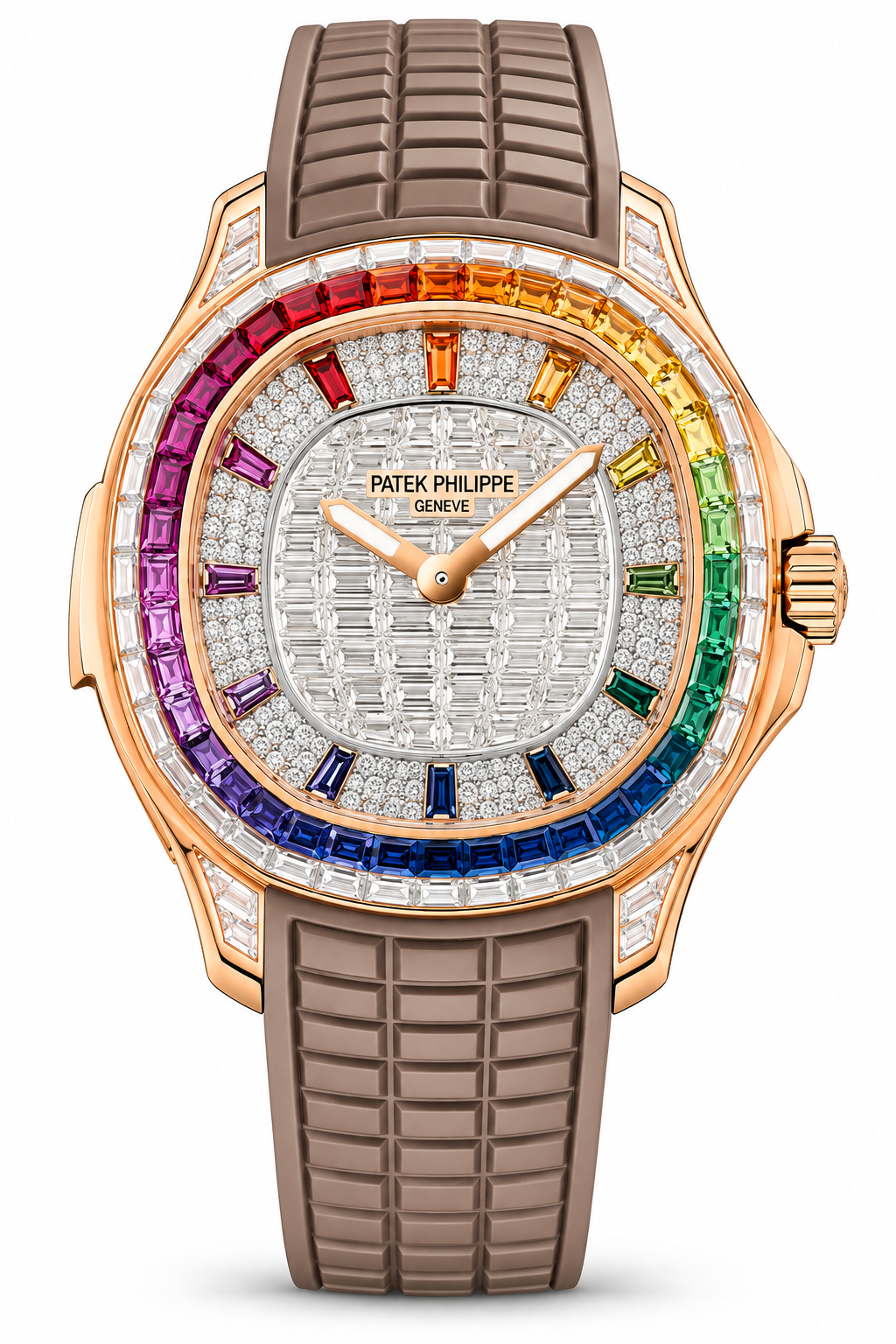 Rose gold rainbow luxury watch with jeweled bezel and brown textured strap