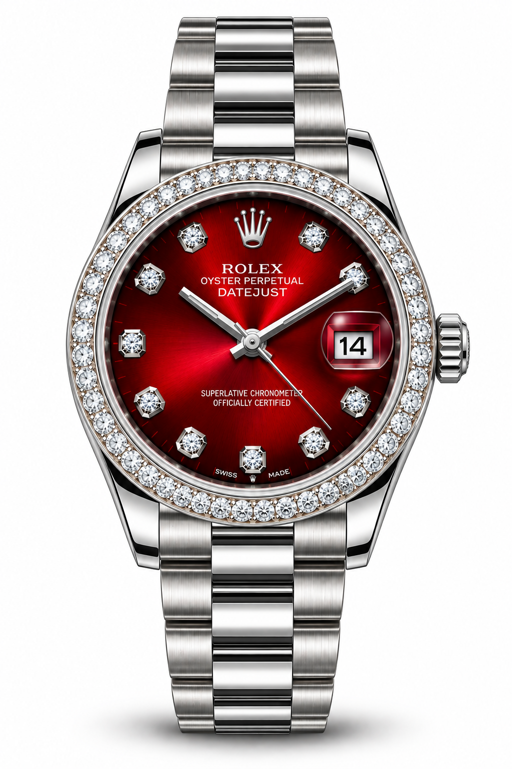 Red dial diamond bezel luxury watch with stainless steel bracelet