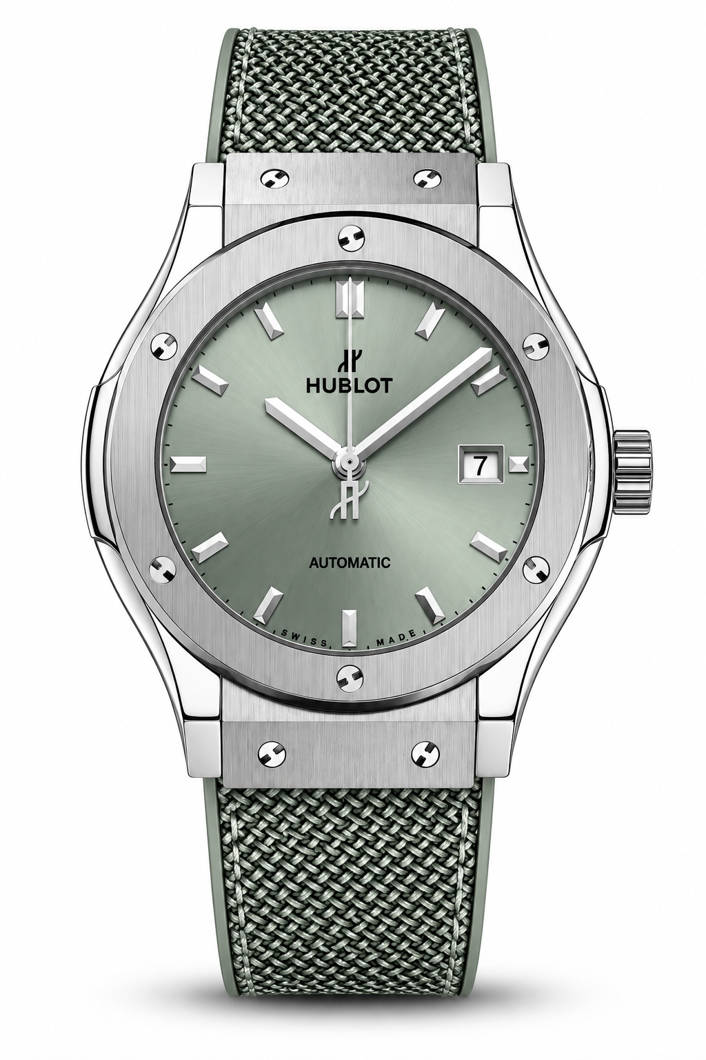 Silver automatic watch with green dial and textured green strap