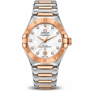 Two-tone rose gold luxury watch with white dial and crystal-style hour markers