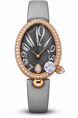 Rose gold oval luxury watch with grey dial crystal-style bezel and grey leather strap
