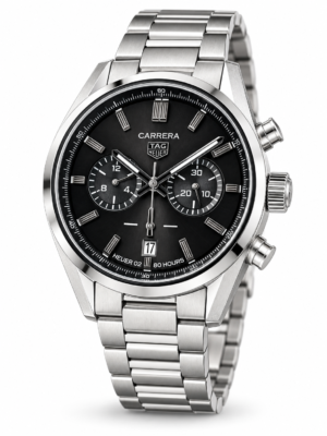 TAG Heuer Carrera style black dial chronograph watch with silver stainless steel bracelet