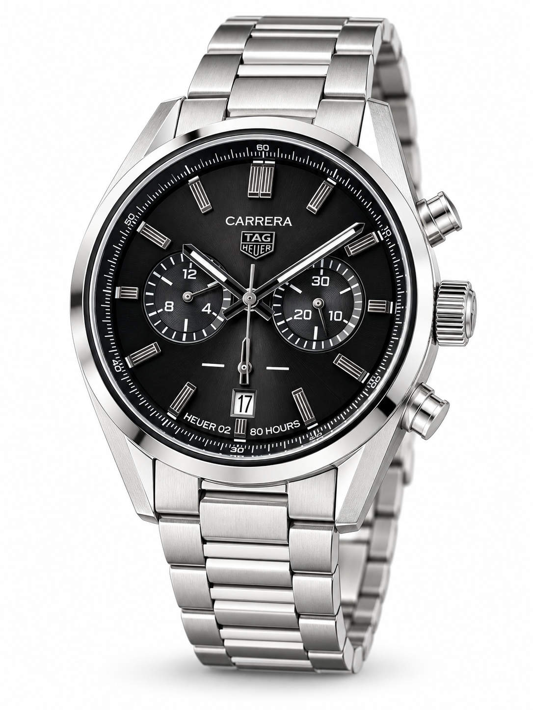 TAG Heuer Carrera style black dial chronograph watch with silver stainless steel bracelet