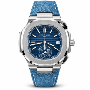 Patek Philippe style blue dial watch with blue fabric strap