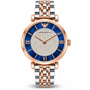 Emporio Armani blue dial watch with rose gold and silver bracelet