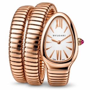 Rose gold Serpenti style luxury watch with oval dial and coiled metal bracelet