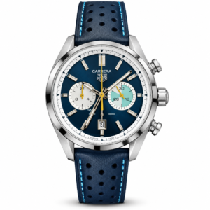 TAG Heuer Carrera blue dial chronograph watch with navy leather strap