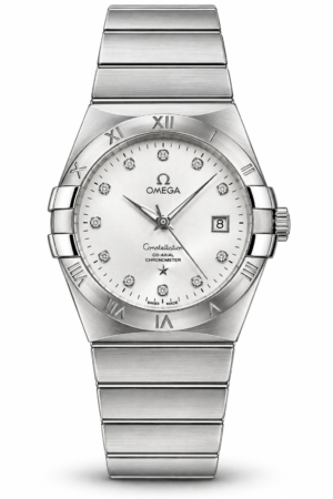 Omega Constellation silver dial watch with diamond-style markers and stainless steel bracelet