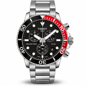 Tissot Seastar chronograph black dial watch with red and black bezel