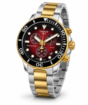 Tissot Seastar chronograph red dial two-tone watch with black bezel