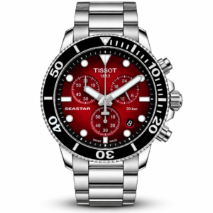 Tissot Seastar chronograph red dial watch with black bezel and stainless steel bracelet