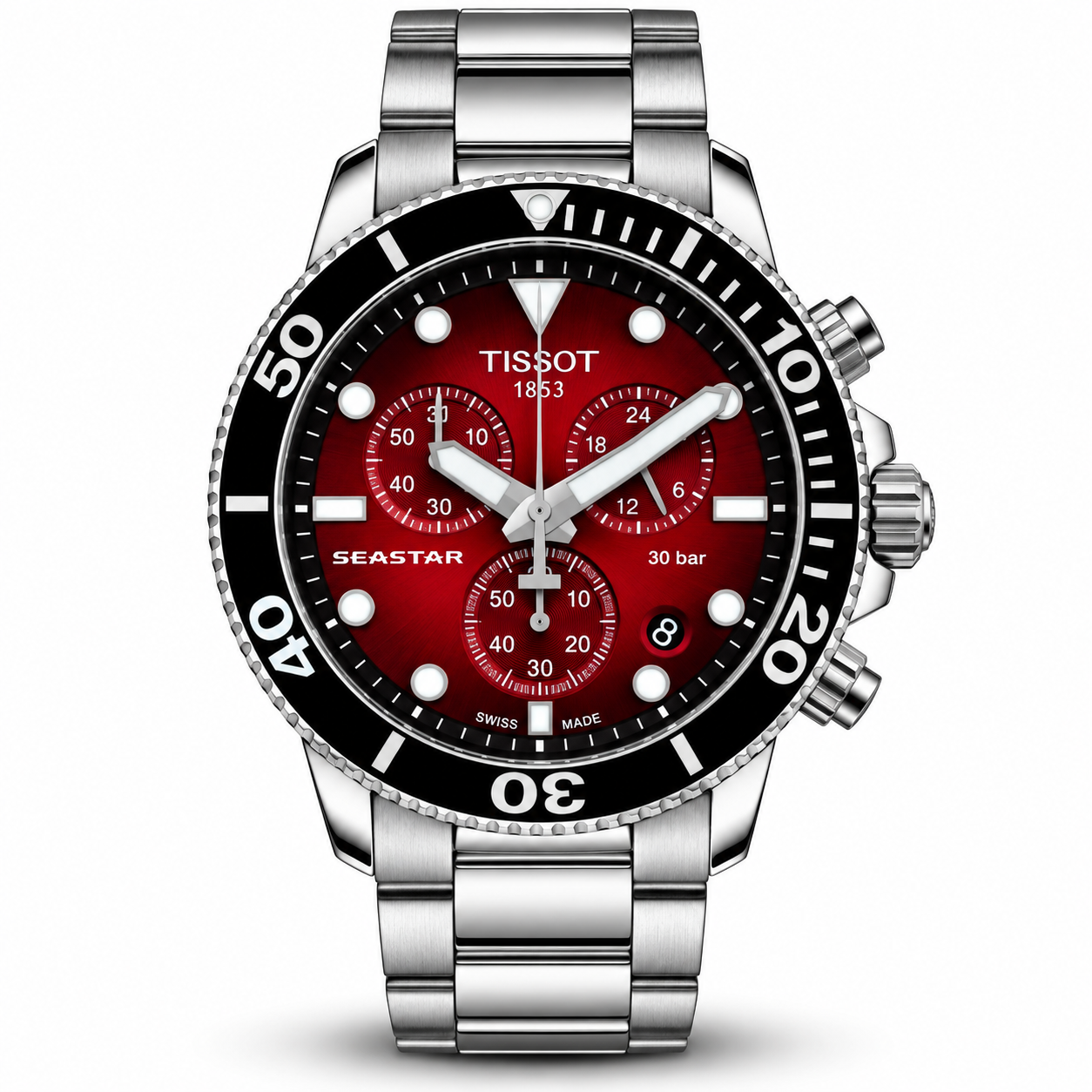 Tissot Seastar chronograph red dial watch with black bezel and stainless steel bracelet