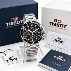 Shop the Tissot Seastar Chronograph Black Dial Watch with a stainless steel bracelet, black bezel, luminous markers, date display and sporty luxury design.