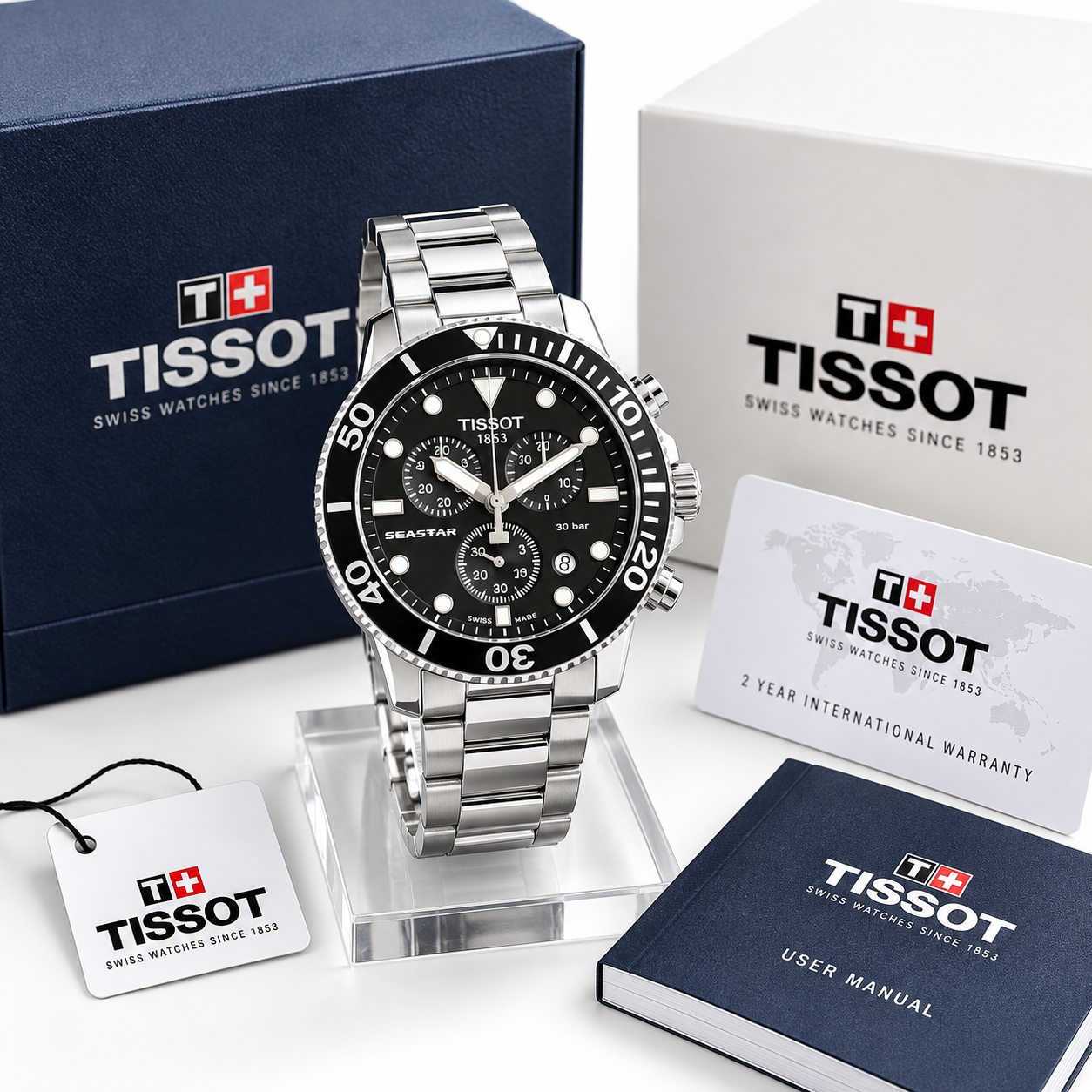 Shop the Tissot Seastar Chronograph Black Dial Watch with a stainless steel bracelet, black bezel, luminous markers, date display and sporty luxury design.