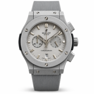 Hublot chronograph silver dial watch with grey rubber strap