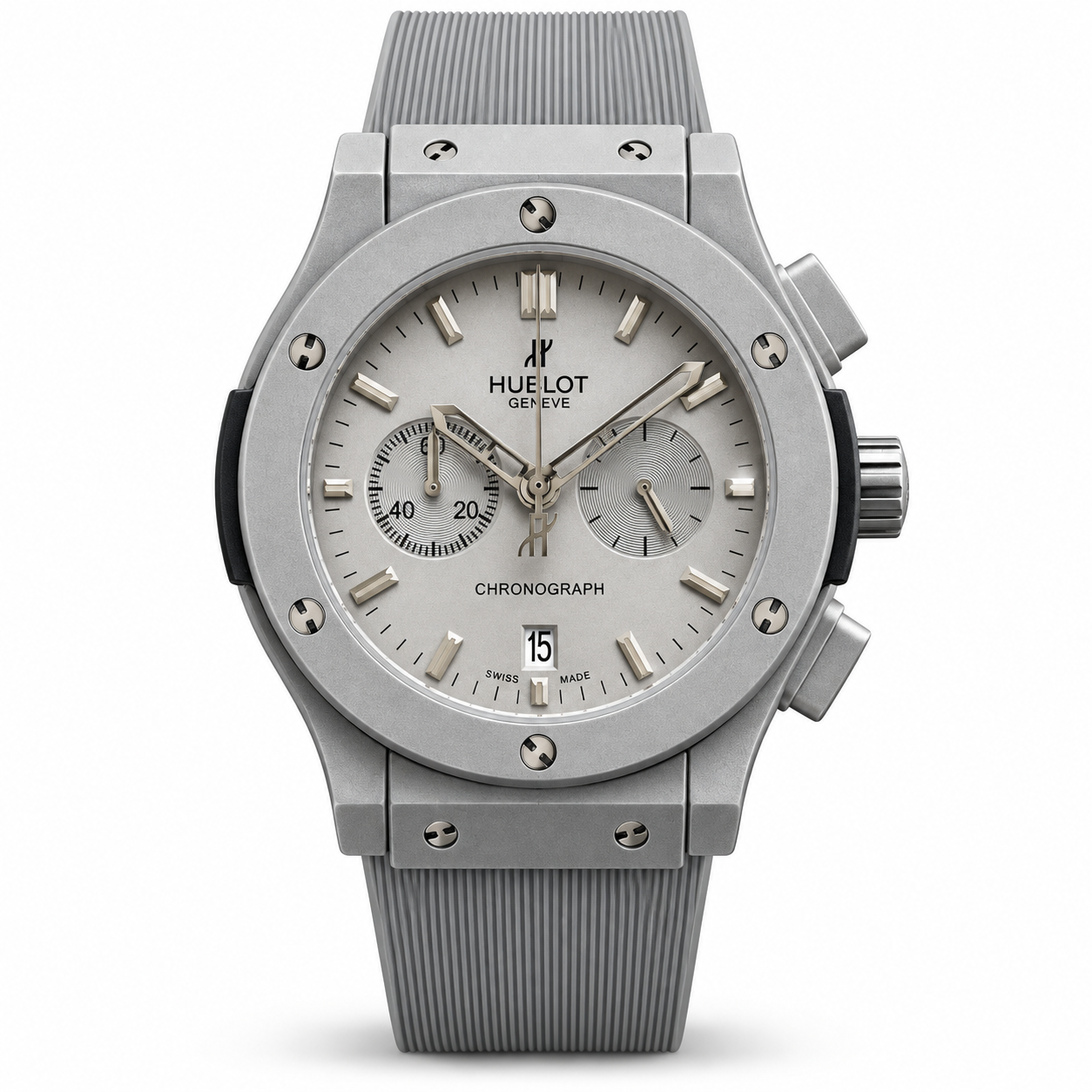 Hublot chronograph silver dial watch with grey rubber strap