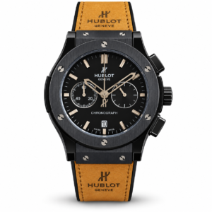 Hublot chronograph black dial watch with black case and tan leather strap