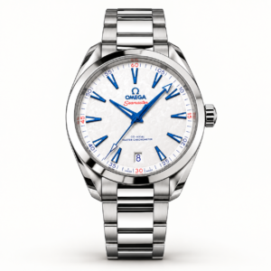 Omega Seamaster silver stainless steel watch with white dial and blue markers