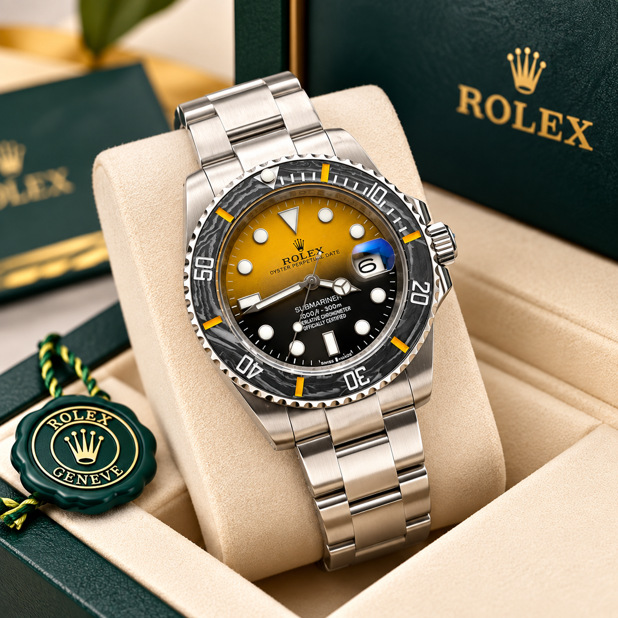 Shop the Rolex Submariner style first copy watch with a gold-black dial, stainless-steel bracelet and date display. Luxury-inspired design at Watchocare.