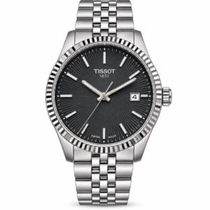 Tissot silver stainless steel watch with black sunburst dial