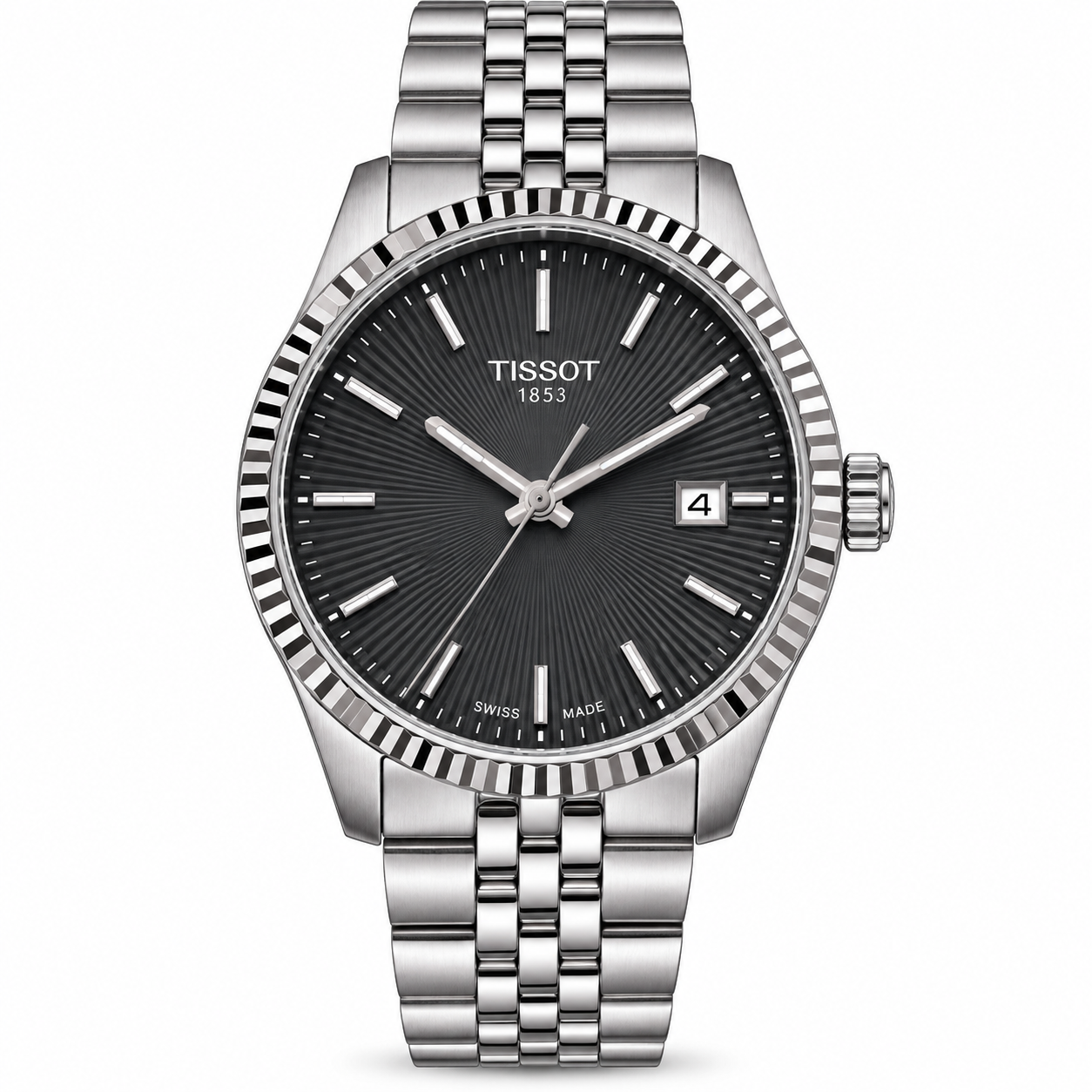 Tissot silver stainless steel watch with black sunburst dial