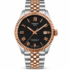 Tissot-style black dial two-tone automatic watch with rose gold bezel