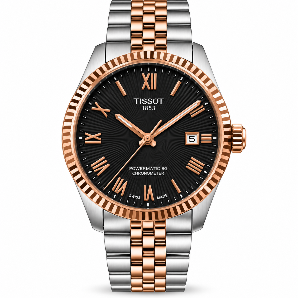 Tissot-style black dial two-tone automatic watch with rose gold bezel
