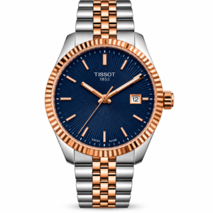 Tissot-style navy blue dial two-tone automatic watch with rose gold bezel