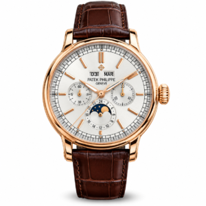 Patek Philippe style rose gold luxury watch with brown leather strap