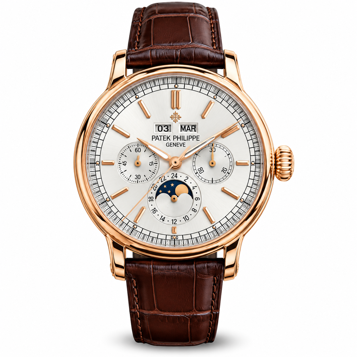 Patek Philippe style rose gold luxury watch with brown leather strap